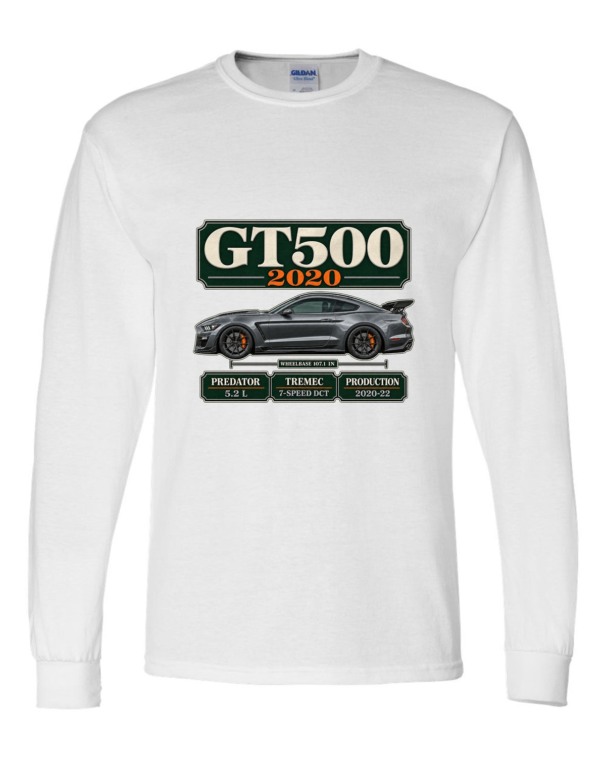 Ford Mustang S550 Shelby GT500 2020 archive panel print with engine and gearbox details white long sleeve front view with the design