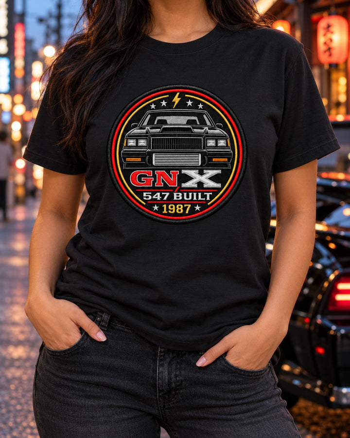 Buick GNX 1987 Round Crest Design, 547 Built Car Tee T-Shirt Black worn hero
