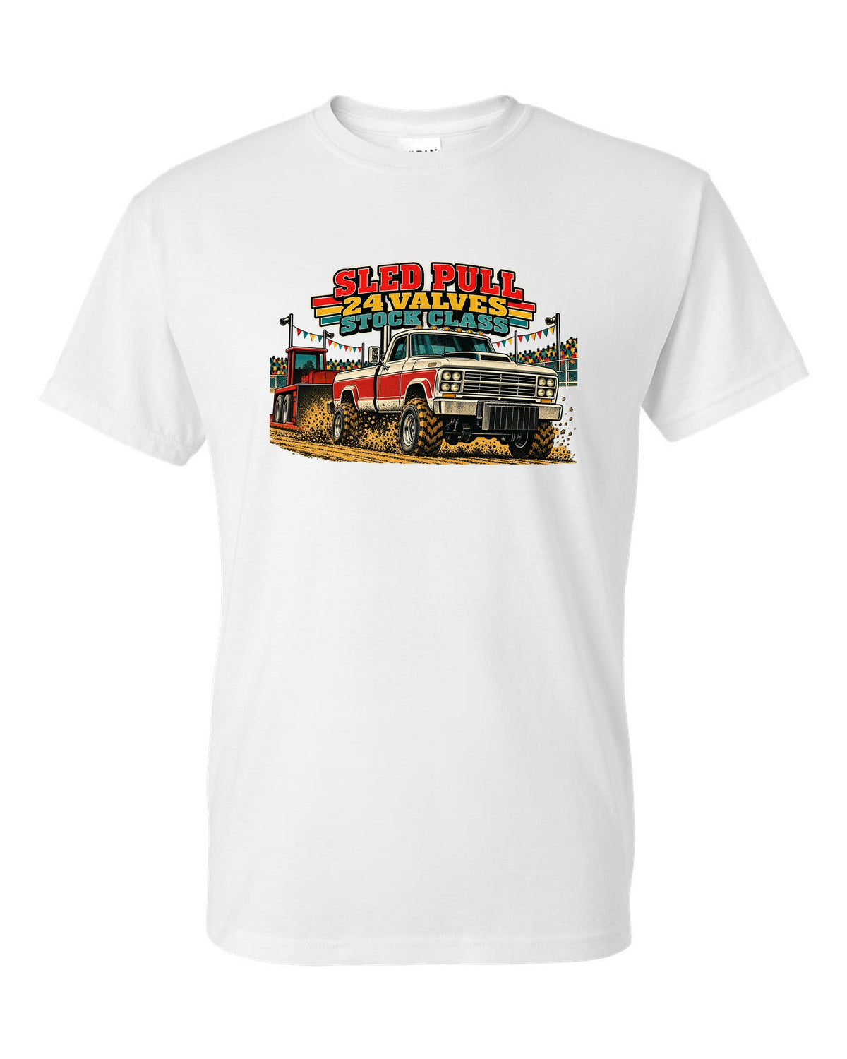 Vintage race poster print of a 1998.5-2002 Ram 2500 24V Cummins for a sled pull white t-shirt front view with the design