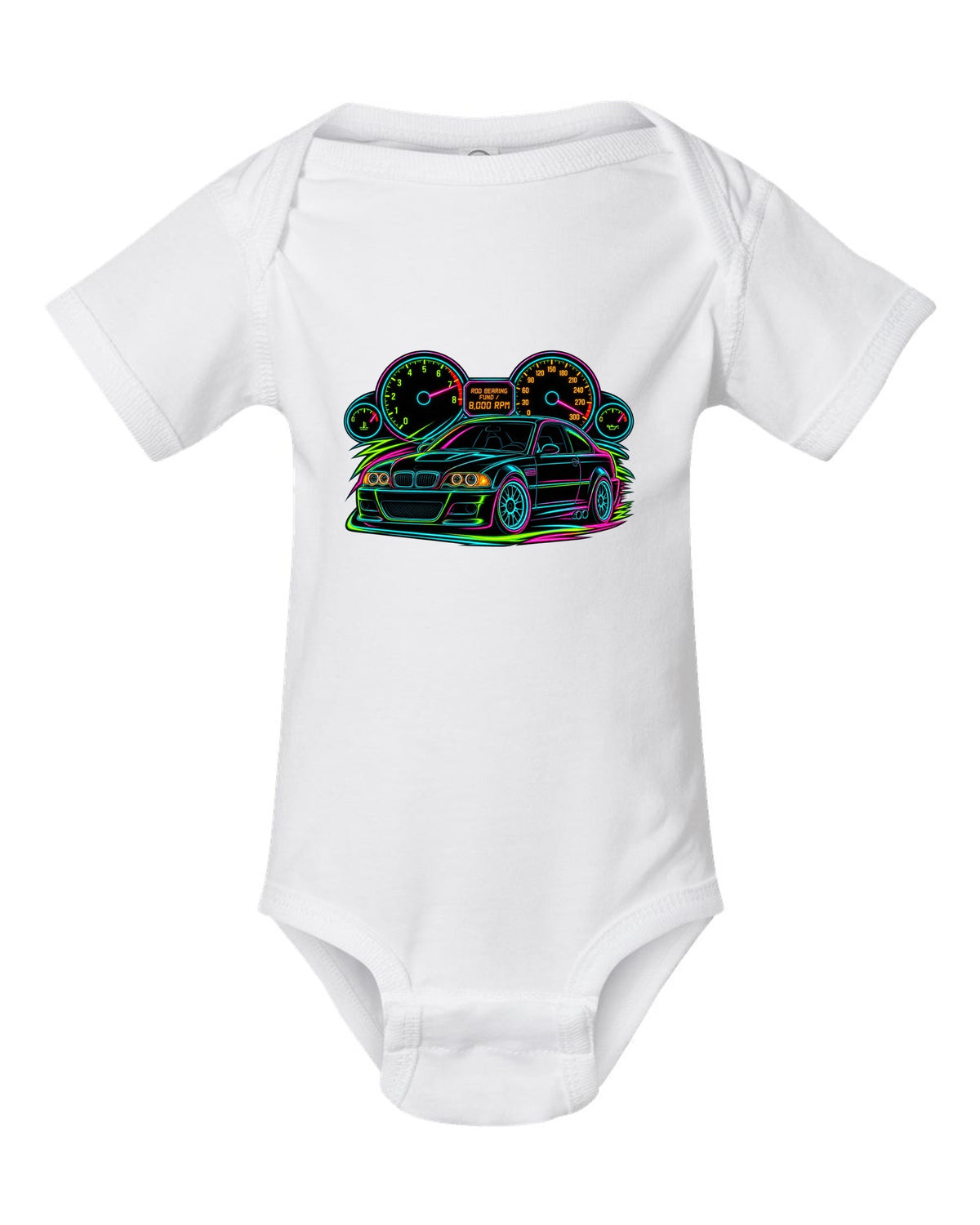 Neon line art redline gauge of a BMW E46 M3 coupe with 8,000 RPM and rod bearing fund text white baby onesie front view with the design