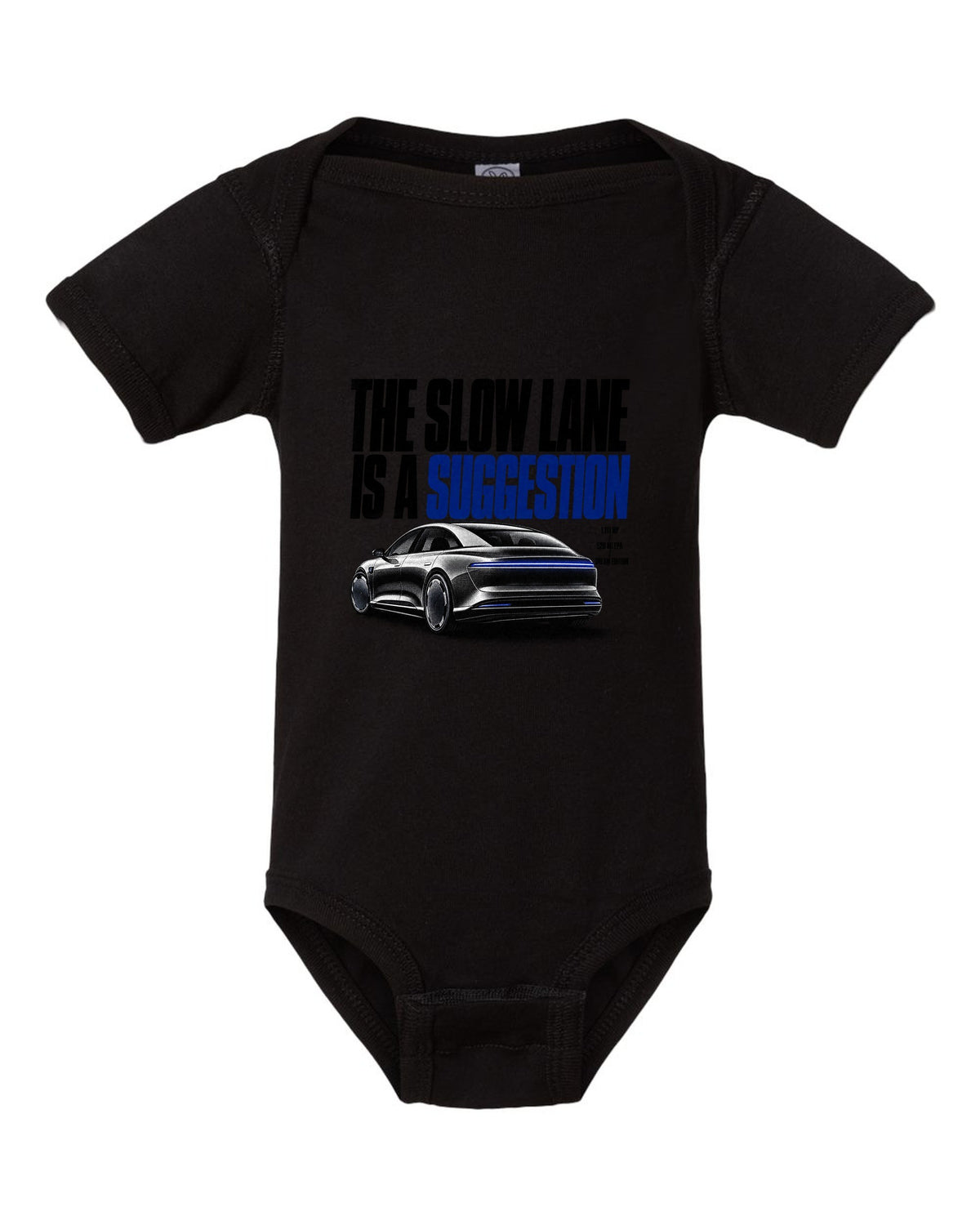 Halftone Lucid Air Dream Edition 2021 with the slow lane is a suggestion, 1,111 HP, 520 mi EPA black baby onesie front view with the design
