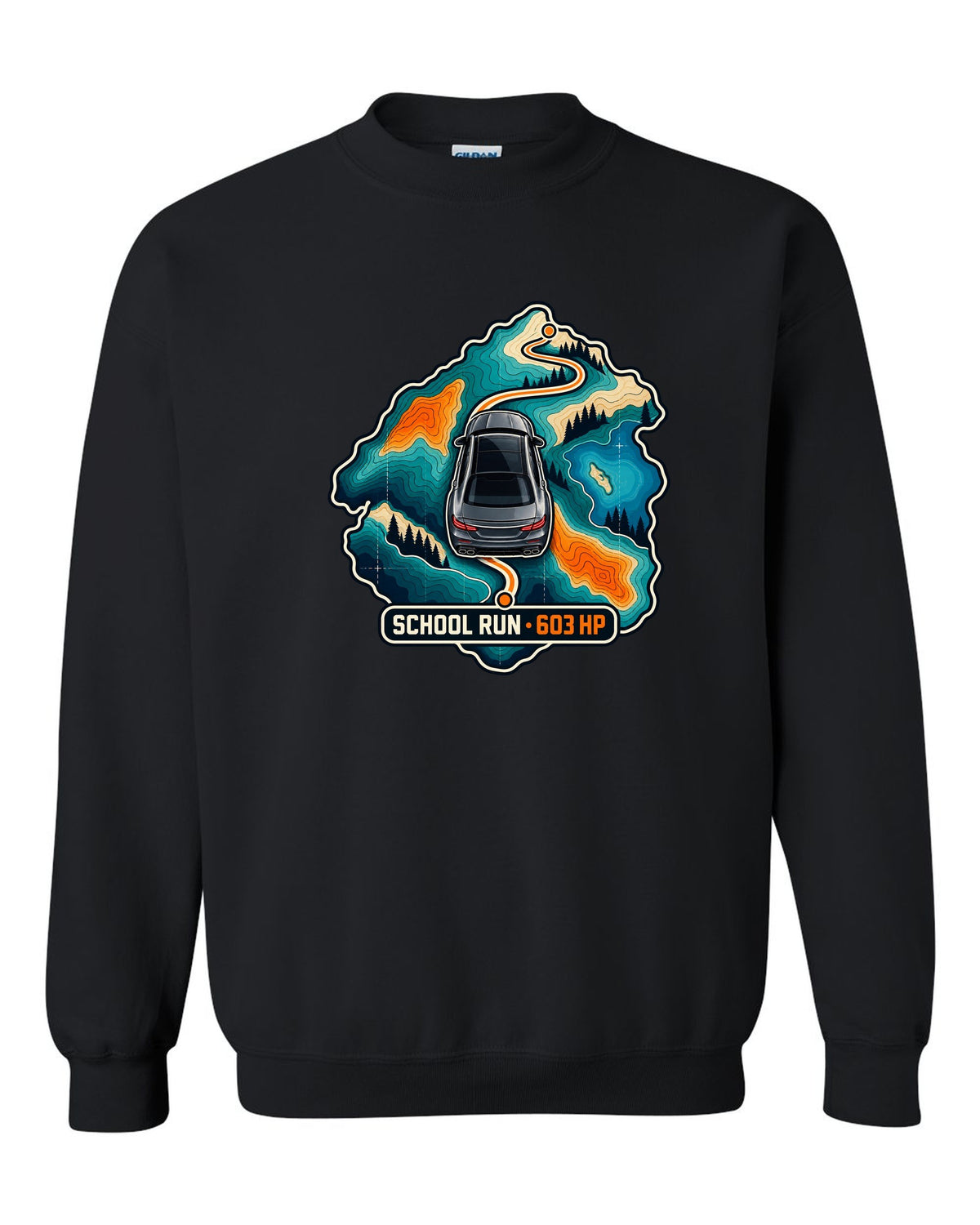 Topographic route map graphic reading School Run 603 HP for a Mercedes E63 W213, print black crewneck front view with the design