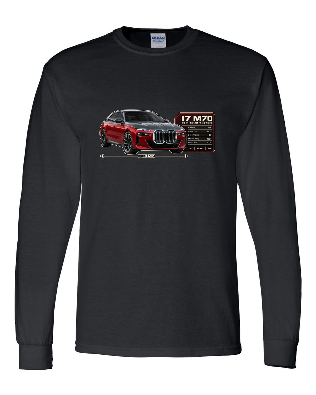 Spec poster print of the BMW i7 M70 xDrive with 650 PS and 1,015 Nm black long sleeve front view with the design