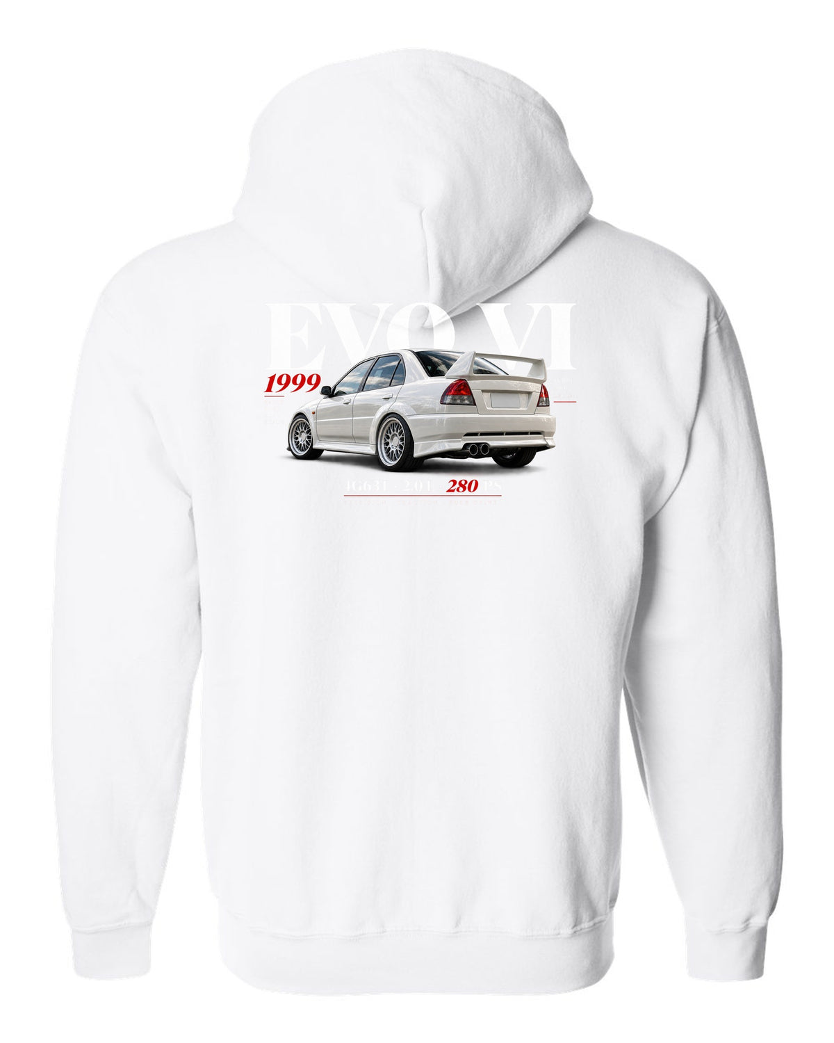 Mitsubishi Lancer Evolution VI TME CP9A editorial headline with 4G63T specs white zip hoodie back view with the design