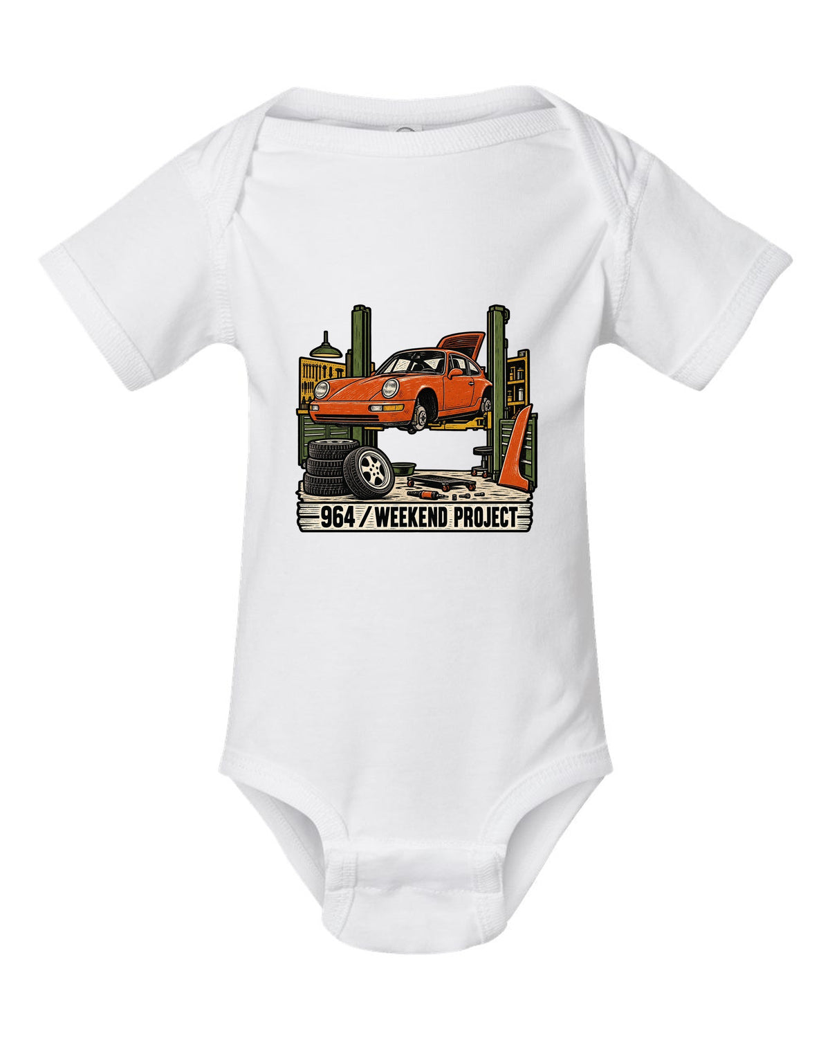 Linocut-style print of a Porsche 911 964 outlaw build with the text 964 Weekend Project white baby onesie front view with the design