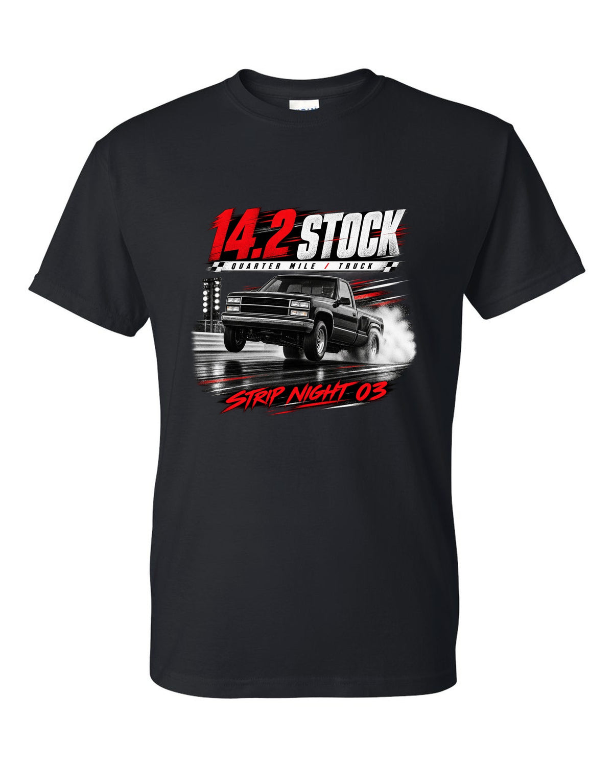 Race poster print of a 1993-95 Ford F-150 SVT Lightning with 14.2 quarter mile text black t-shirt front view with the design