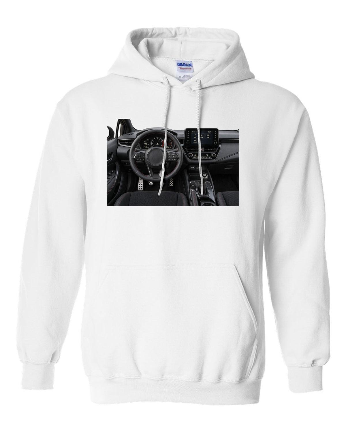 Overhead Toyota GR Yaris G16E-GTS engine bay illustration white pull over hoodie front view with the design