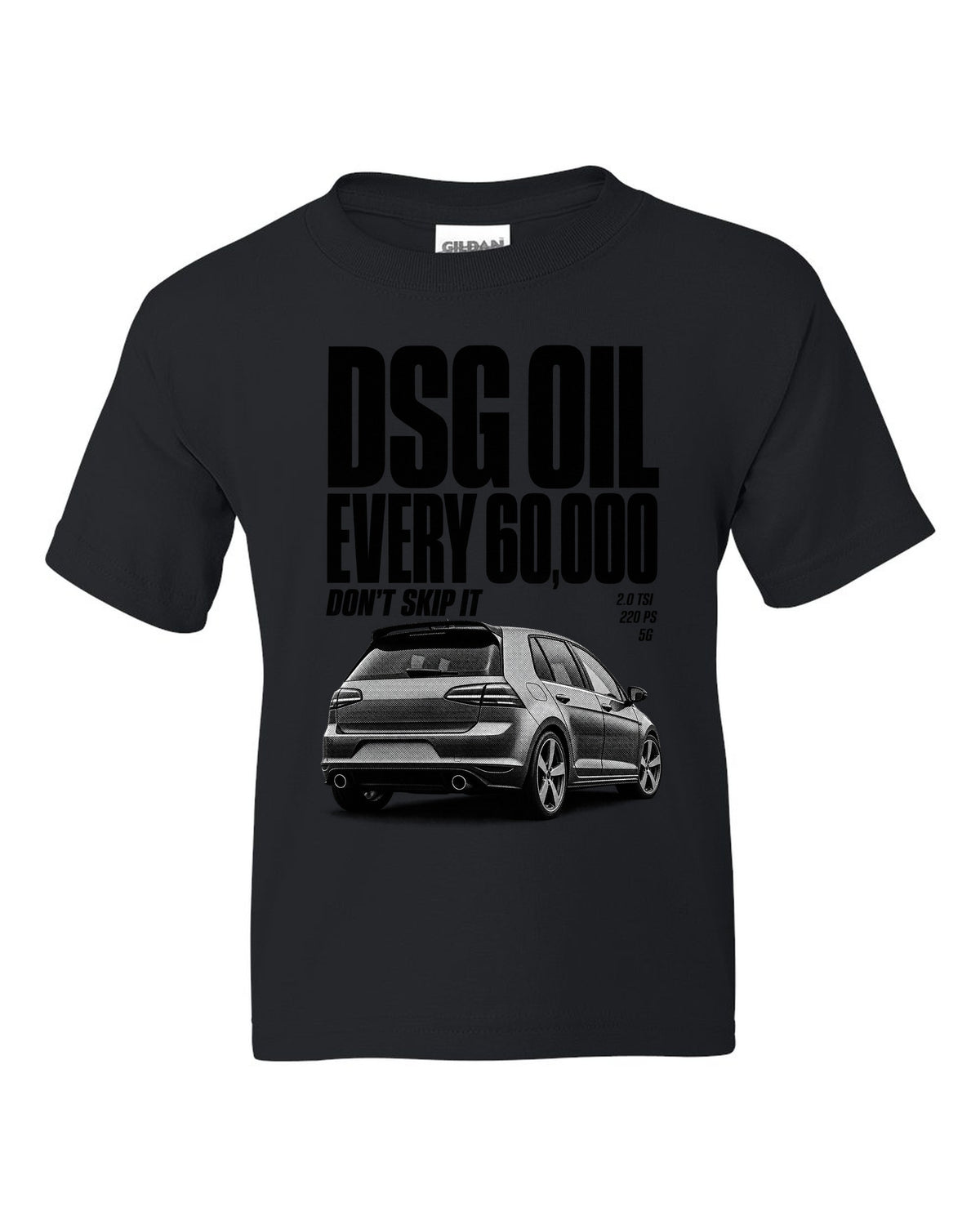 Halftone print of a VW Golf Mk7 GTI rear three-quarter with DSG oil service reminder text black kids tee front view with the design