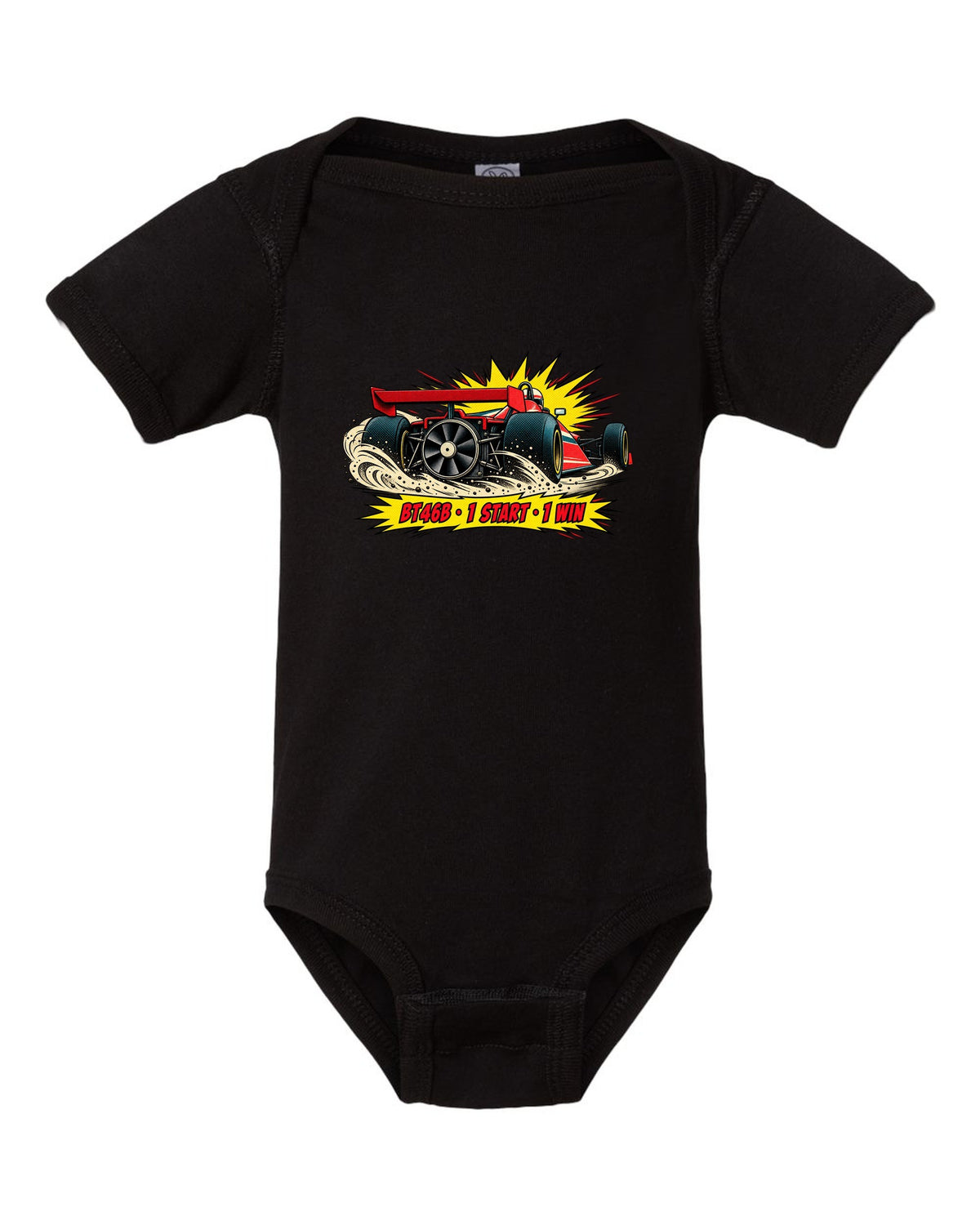 Comic halftone pop-art of the Brabham BT46B fan car with 1 start, 1 win text black baby onesie front view with the design