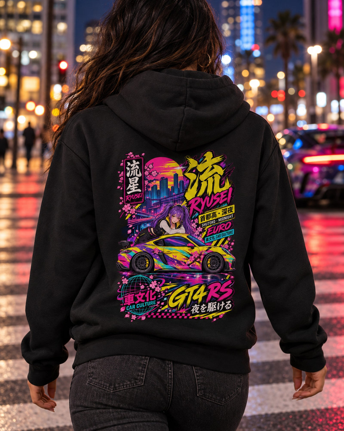 RYUSEI GT4 RS Anime Girl Full-Back Graphic Tee Pull Over Hoodie Black worn hero