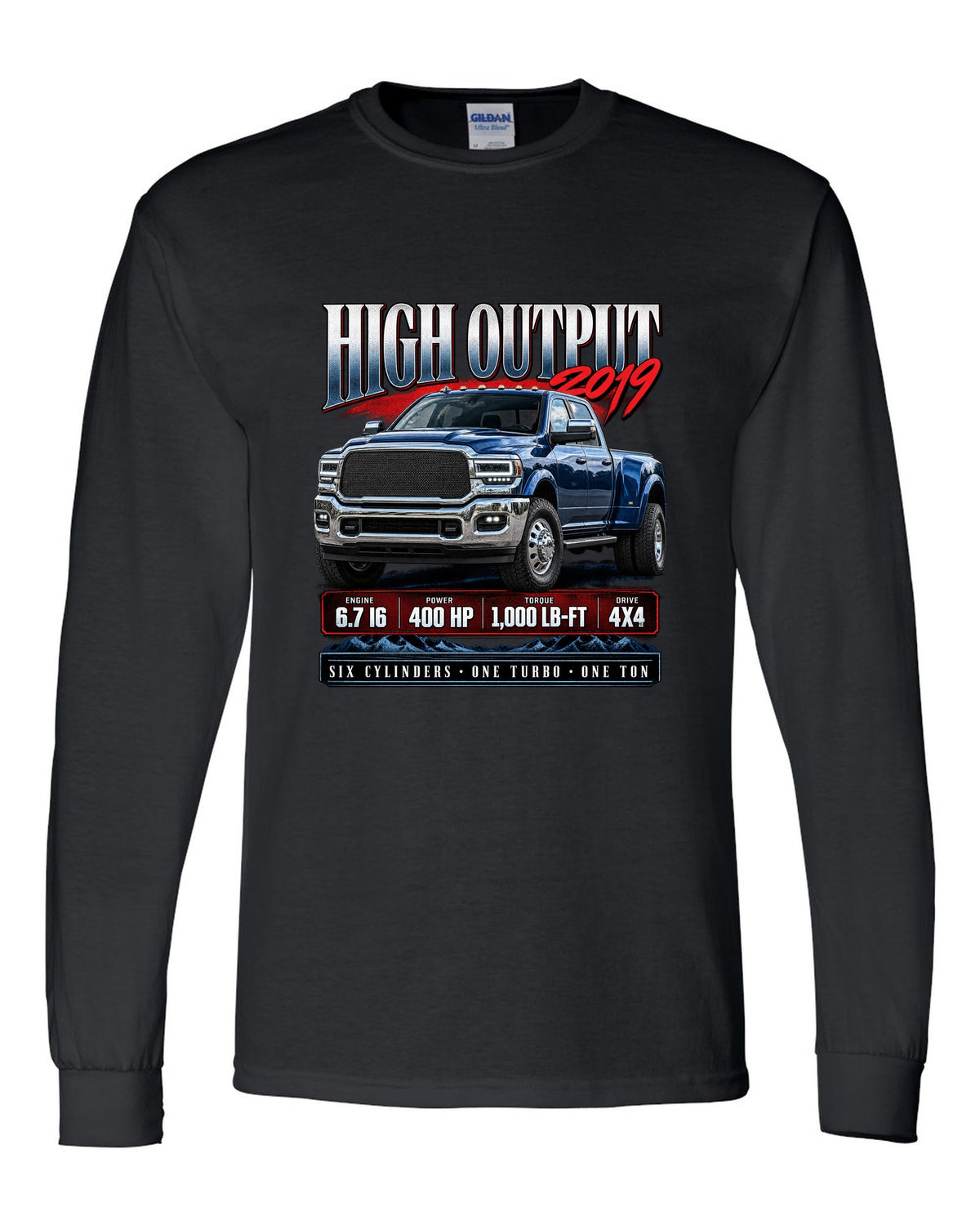 Archive panel of a 2019 Ram 3500 5th gen High Output 6.7 with 400 HP and 1,000 lb-ft black long sleeve front view with the design