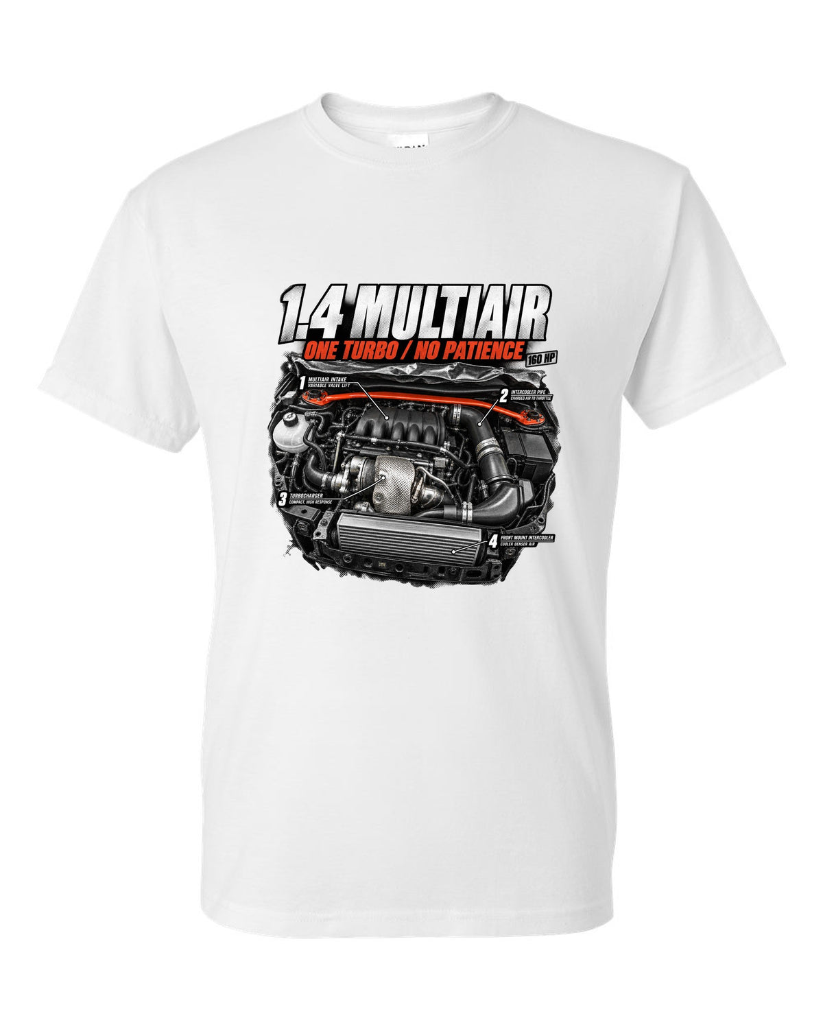 Engine hero print of the Fiat 500 Abarth 1.4 MultiAir turbo with 160 HP text white t-shirt front view with the design