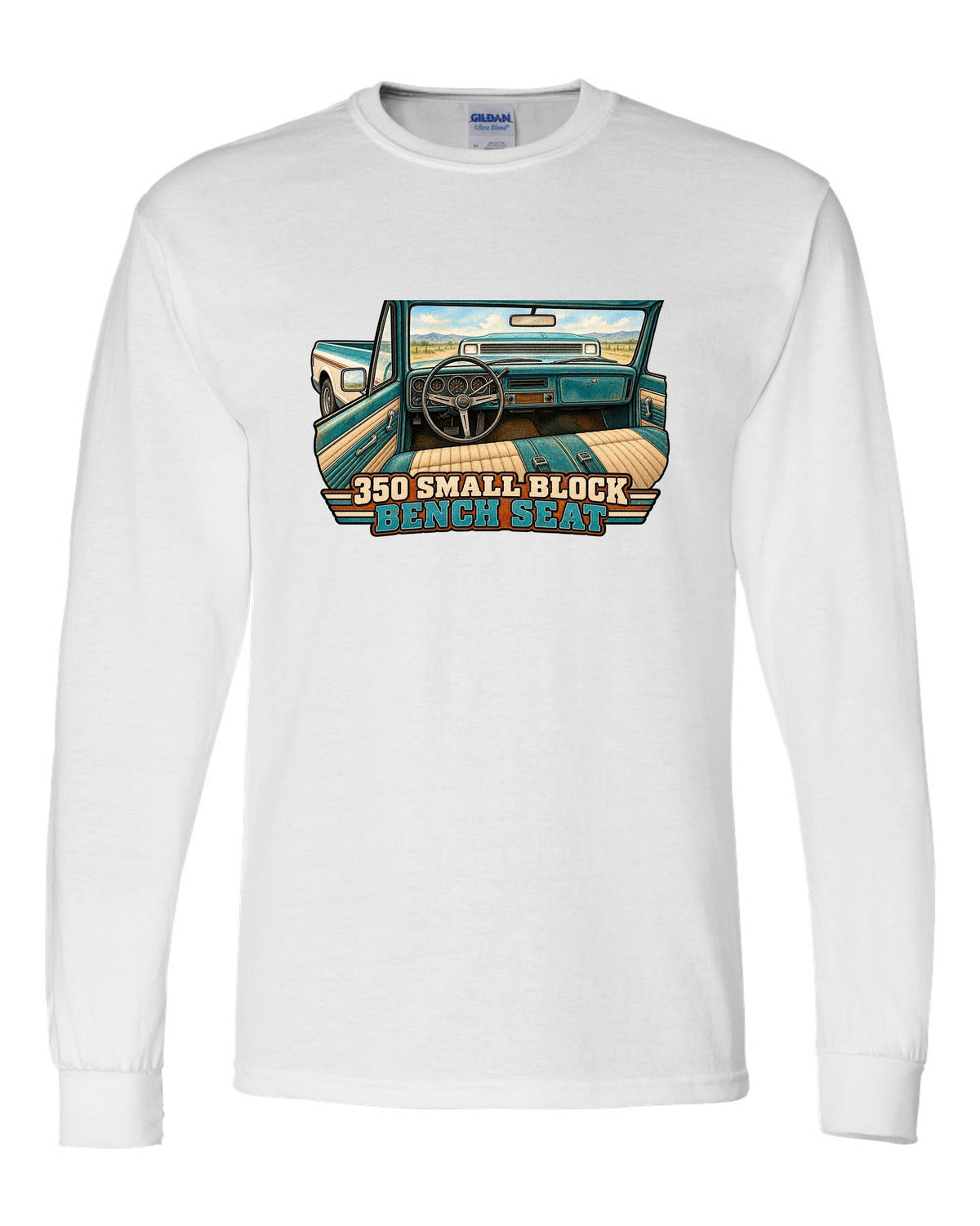 Watercolour wash print of a 1971 Chevrolet C10 Cheyenne with 350 Small Block and Bench Seat text white long sleeve front view with the design
