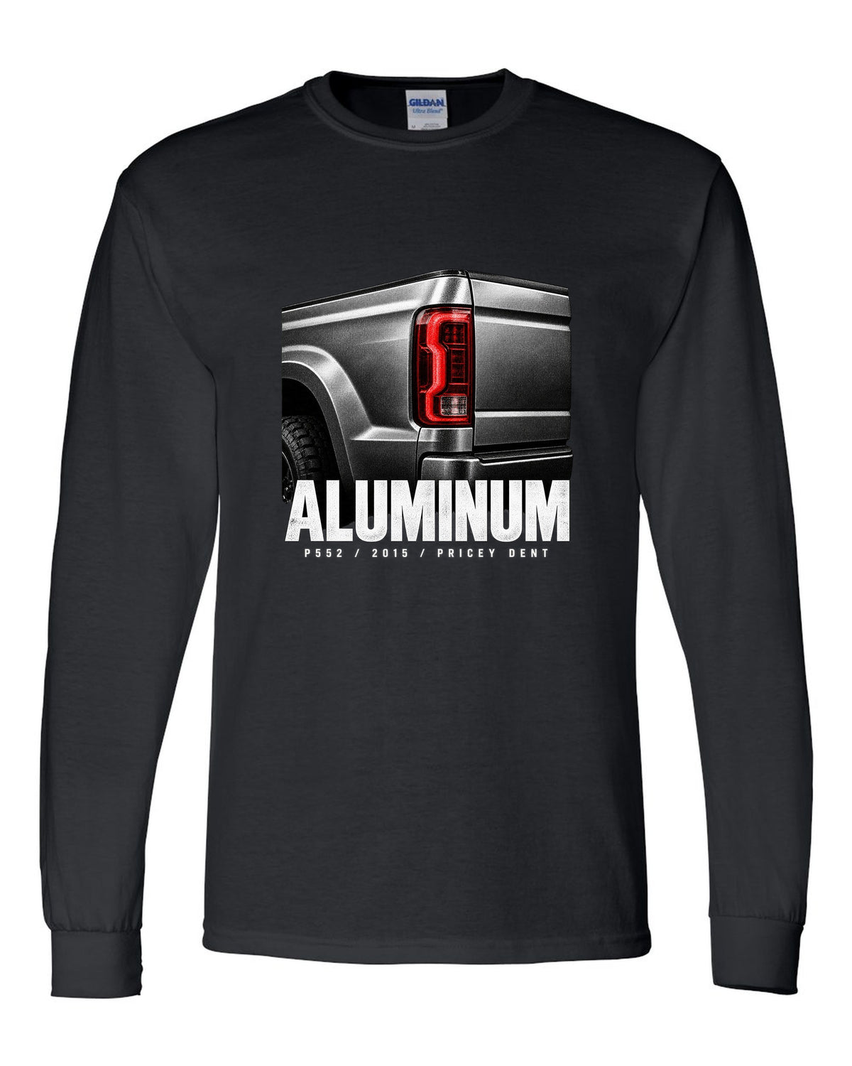 Macro print of a 2015-20 Ford F-150 P552 tailgate with aluminum and pricey dent text black long sleeve front view with the design
