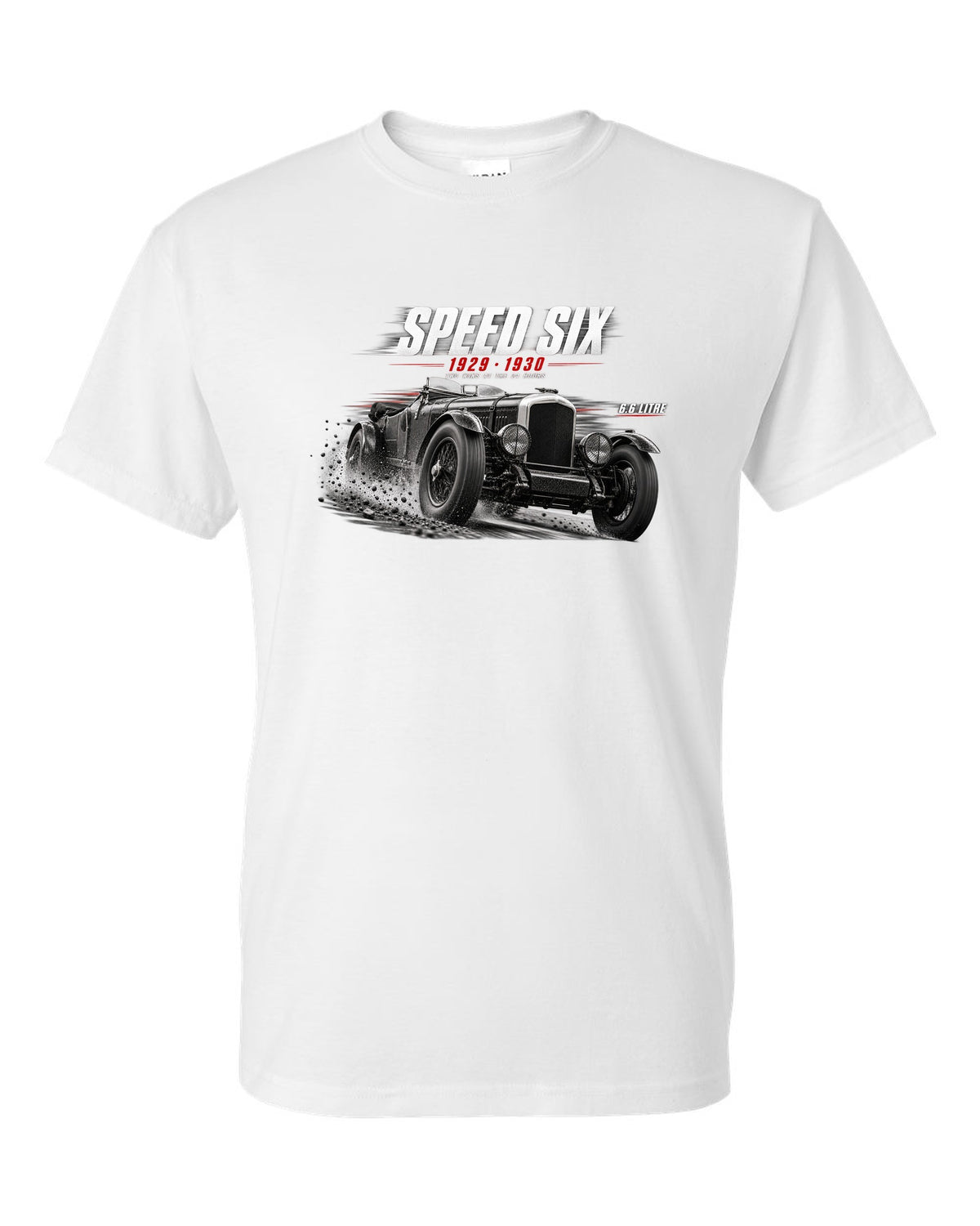 Bentley Speed Six Le Mans race poster 1929 and 1930 white t-shirt front view with the design