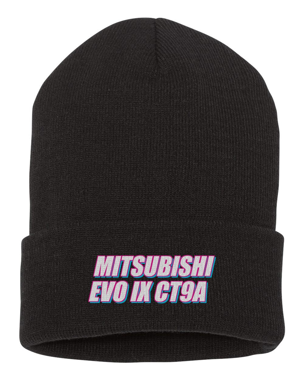 Mitsubishi Evo Ix Ct9A black beanie front view with car name
