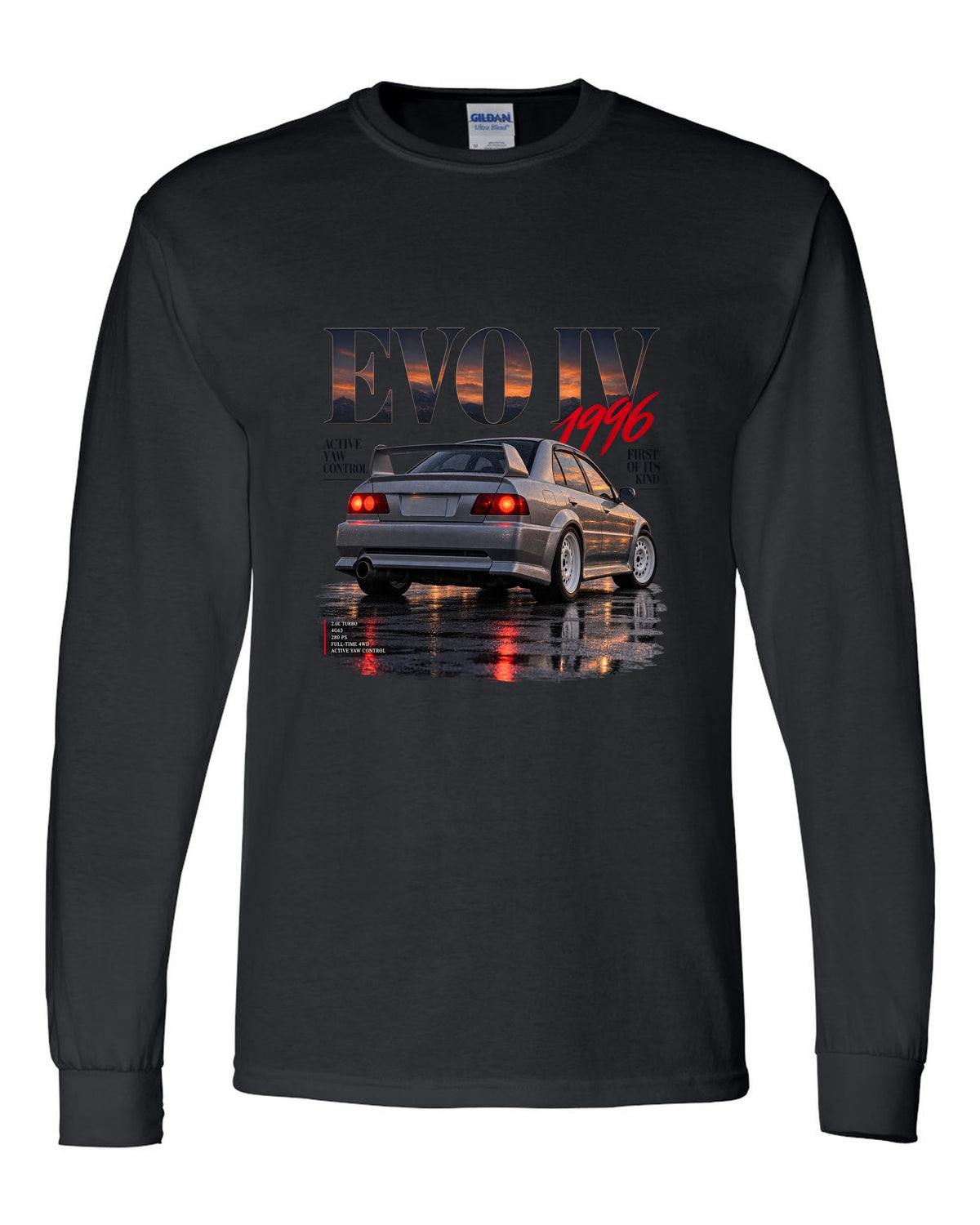 Editorial headline print for the Mitsubishi Lancer Evolution IV CN9A reading Active Yaw Control, first of its kind, 1996 black long sleeve front view with the design