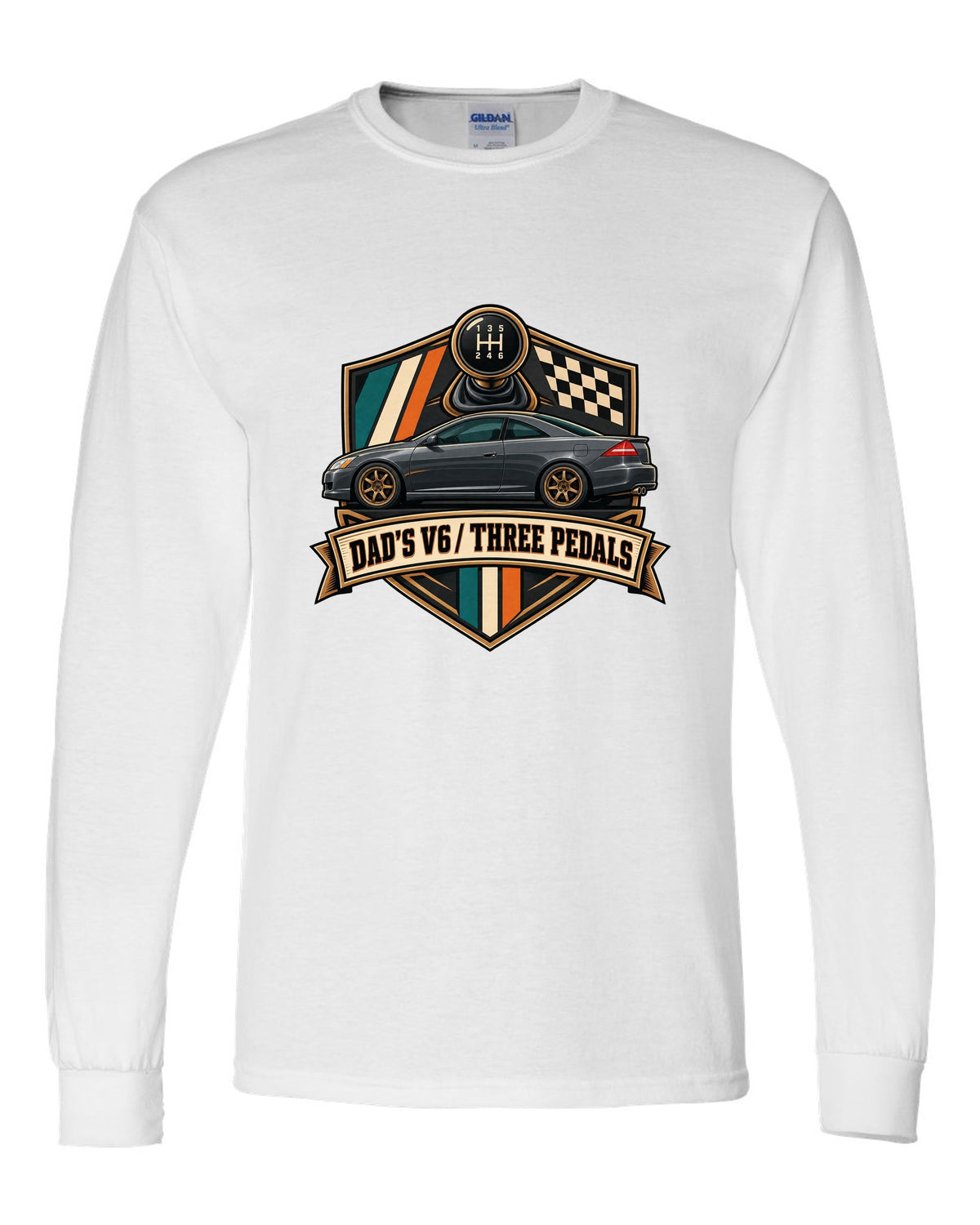 Crest layout print for the Honda Accord V6 Coupe with three pedals text white long sleeve front view with the design