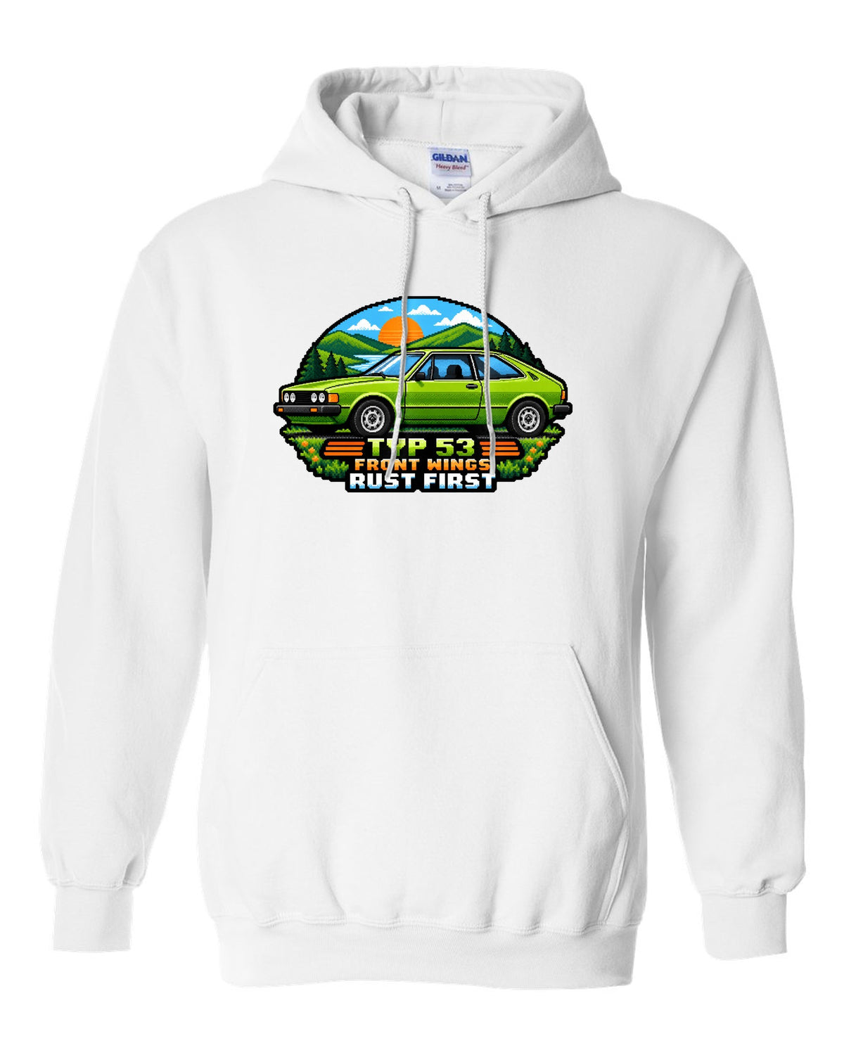 8/16-bit pixel art of a VW Scirocco Mk1 Typ 53 with front wings rust first text white pull over hoodie front view with the design