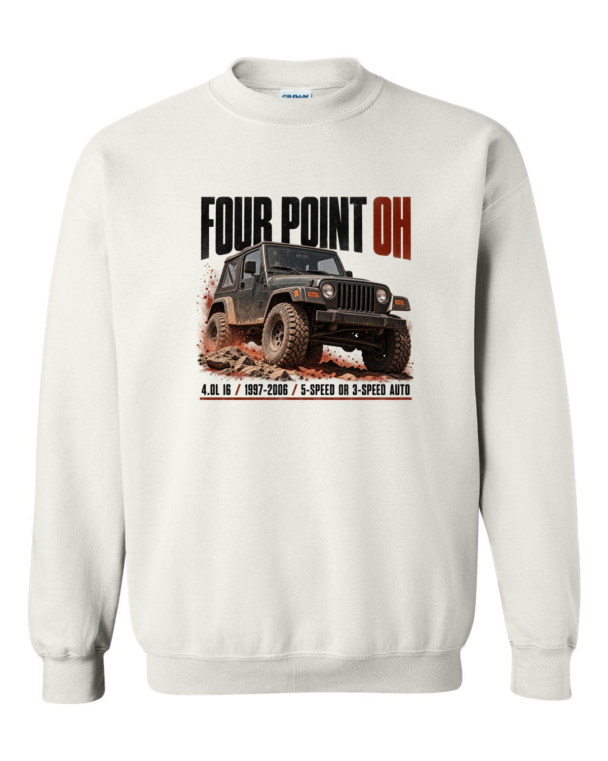 Halftone print for the Jeep Wrangler TJ 4.0L I6, 1997-2006 white crewneck front view with the design
