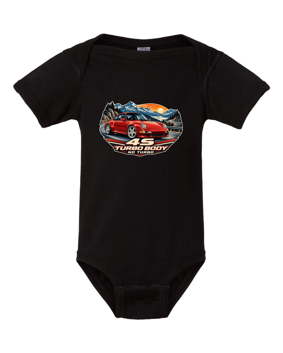 Shield crest print of a 1973 Porsche 911 Carrera RS 2.7 ducktail with the text RS 2.7, 210 PS and 975 KG black baby onesie front view with the design