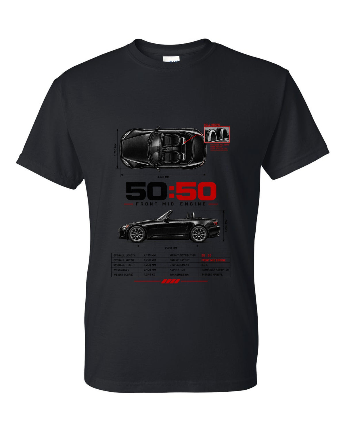Honda S2000 AP2 roadster spec poster design with 50:50 front mid engine 2,400 mm text black t-shirt front view with the design