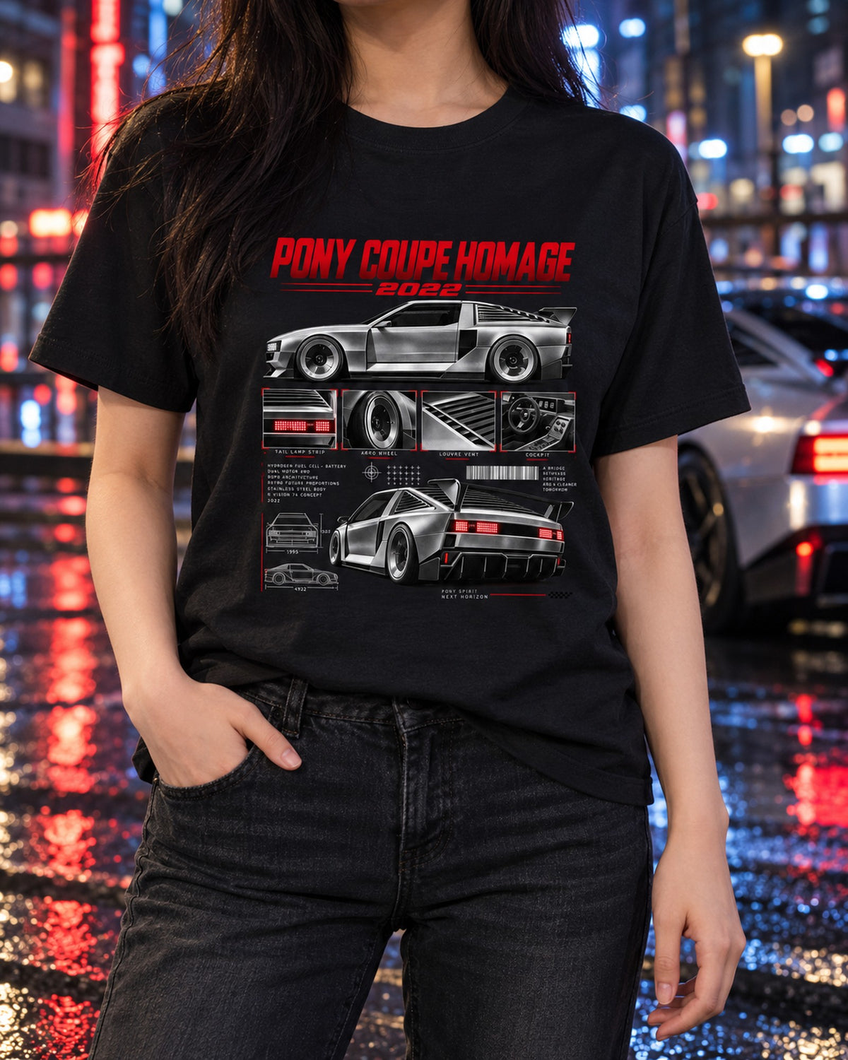 Hyundai N Vision 74 Dossier Shirt, Side Profile and Rear Quarter T-Shirt Black worn hero