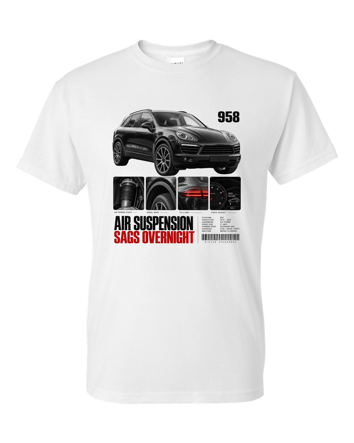 Dossier panel print of a Porsche Cayenne 958 with air suspension sags overnight caption white t-shirt front view with the design