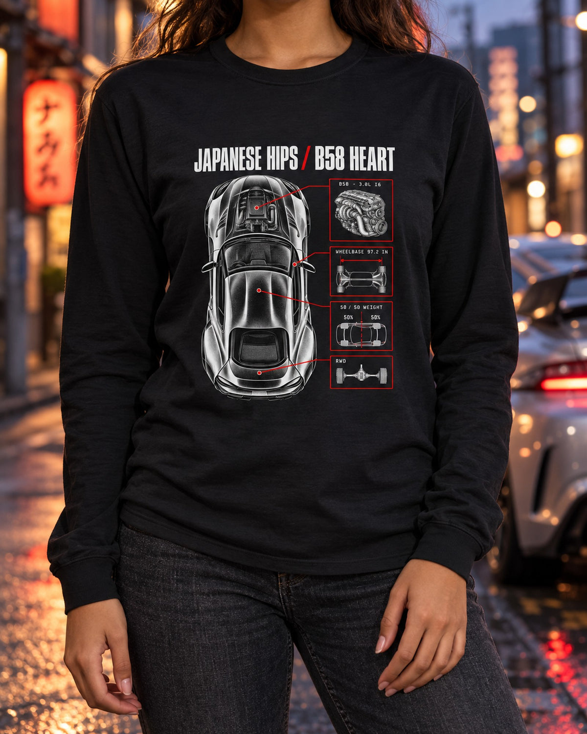 Toyota GR Supra A90 Spec Poster Shirt, B58 Heart Long Sleeve Black worn hero