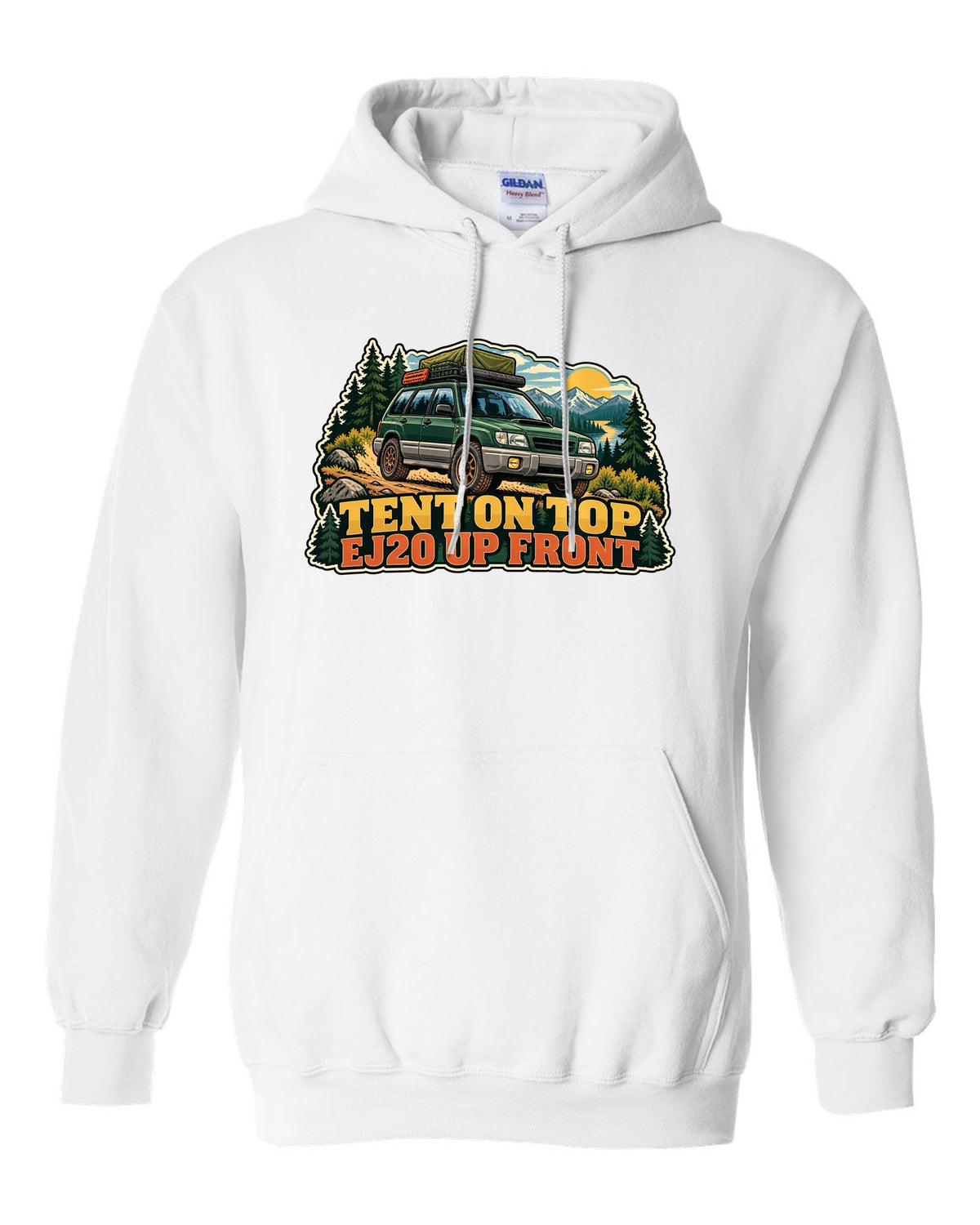 Vintage national park poster illustration of a Subaru Forester SF5 with a roof tent white pull over hoodie front view with the design