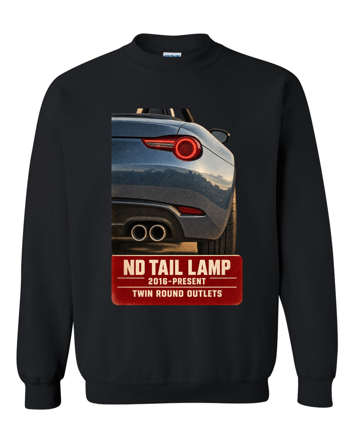 Macro poster-style print of the tail lamp and twin round exhaust outlets on a Mazda MX-5 ND black crewneck front view with the design