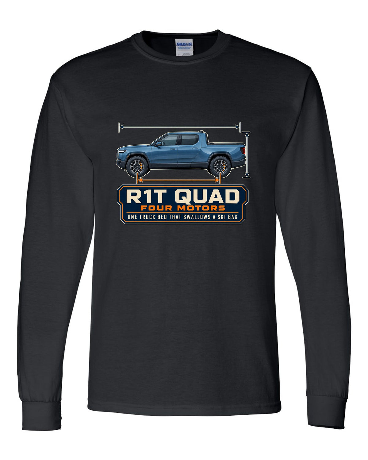 Dimension blueprint print of the Rivian R1T quad-motor electric truck black long sleeve front view with the design