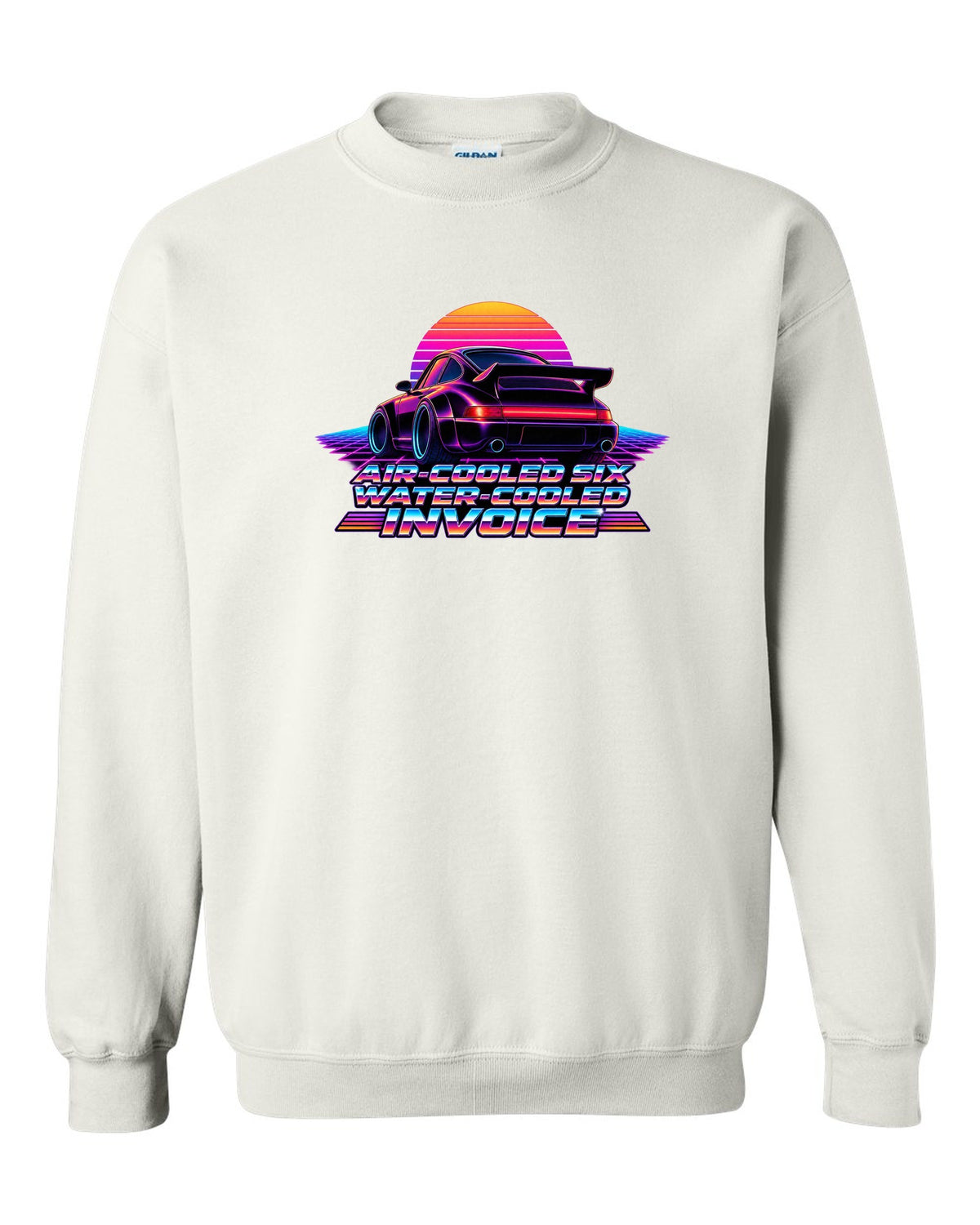 Synthwave gradient print of a Porsche 911 Turbo 964 with air-cooled six water-cooled invoice lettering white crewneck front view with the design
