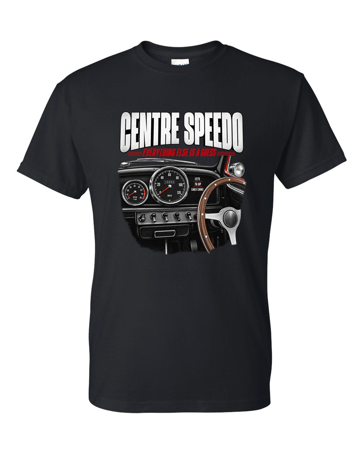 print of the 1967 Classic Mini Cooper S interior with centre speedometer and 1275 spec lettering black t-shirt front view with the design