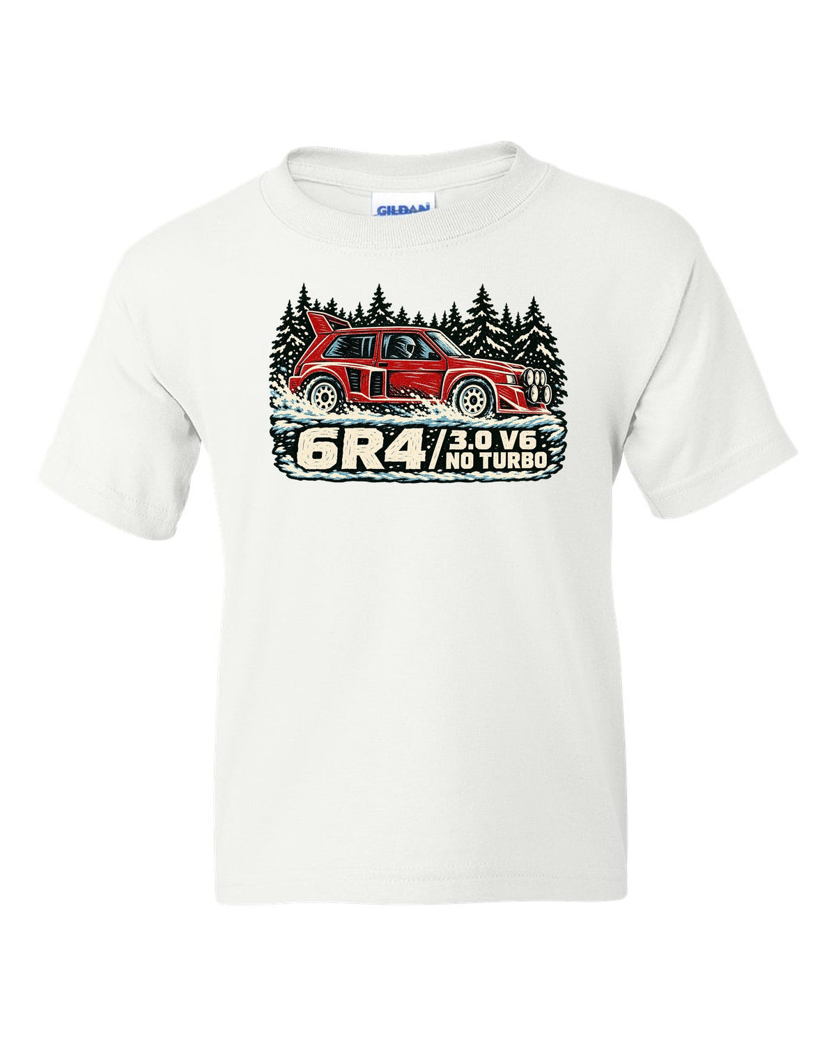 Linocut style print of an MG Metro 6R4 with 3.0 V6 and no turbo lettering white kids tee front view with the design