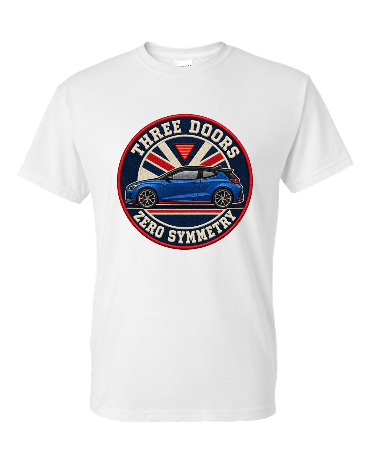 Embroidery varsity crest print for a Hyundai Veloster N JS with three doors zero symmetry text white t-shirt front view with the design