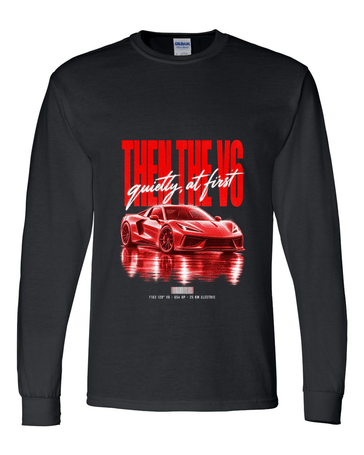 Ferrari 296 GTB 2022 street poster print, F163 120 degree V6, 654 HP, 25 km electric black long sleeve front view with the design