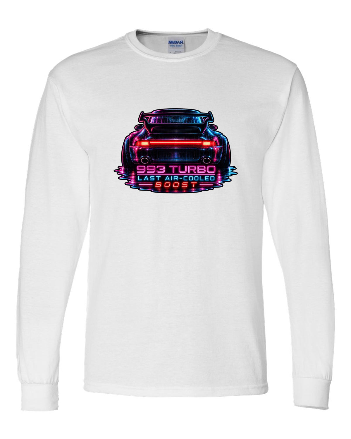 Porsche 993 Turbo neon noir design with glowing rear light bar white long sleeve front view with the design