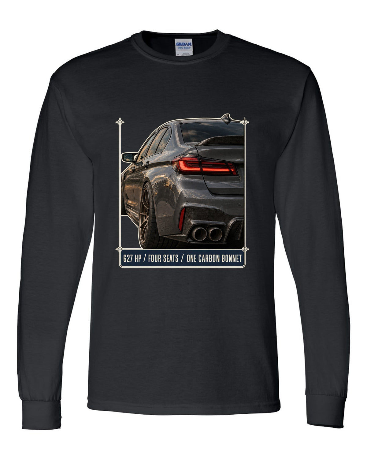 BMW M5 F90 CS taillight macro print with 627 HP, four seats and carbon bonnet text black long sleeve front view with the design