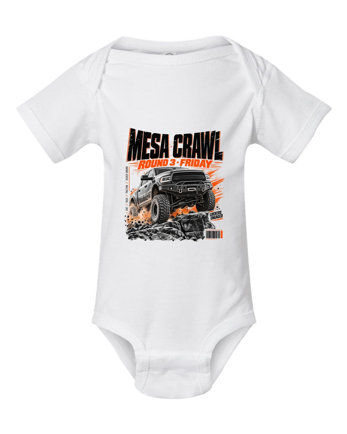 Race poster print of a Ram 2500 Power Wagon at a Mesa Crawl event white baby onesie front view with the design