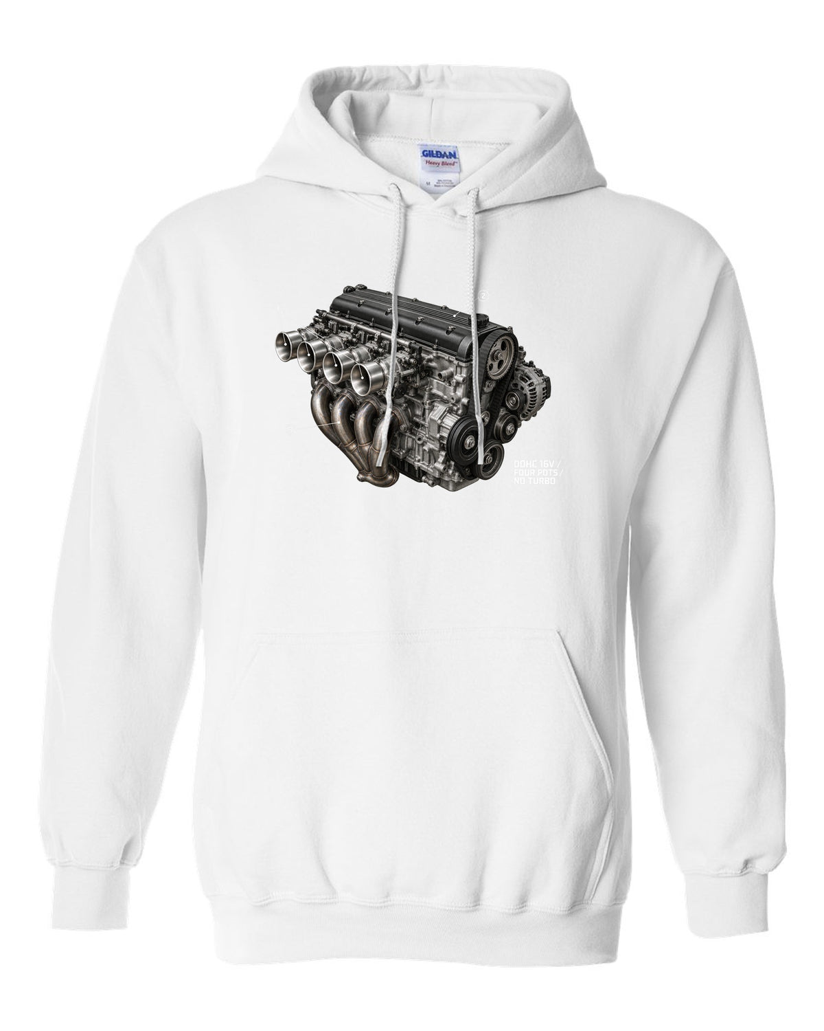 BMW E30 M3 S14 engine hero print labelled DOHC 16V four pots no turbo white pull over hoodie front view with the design