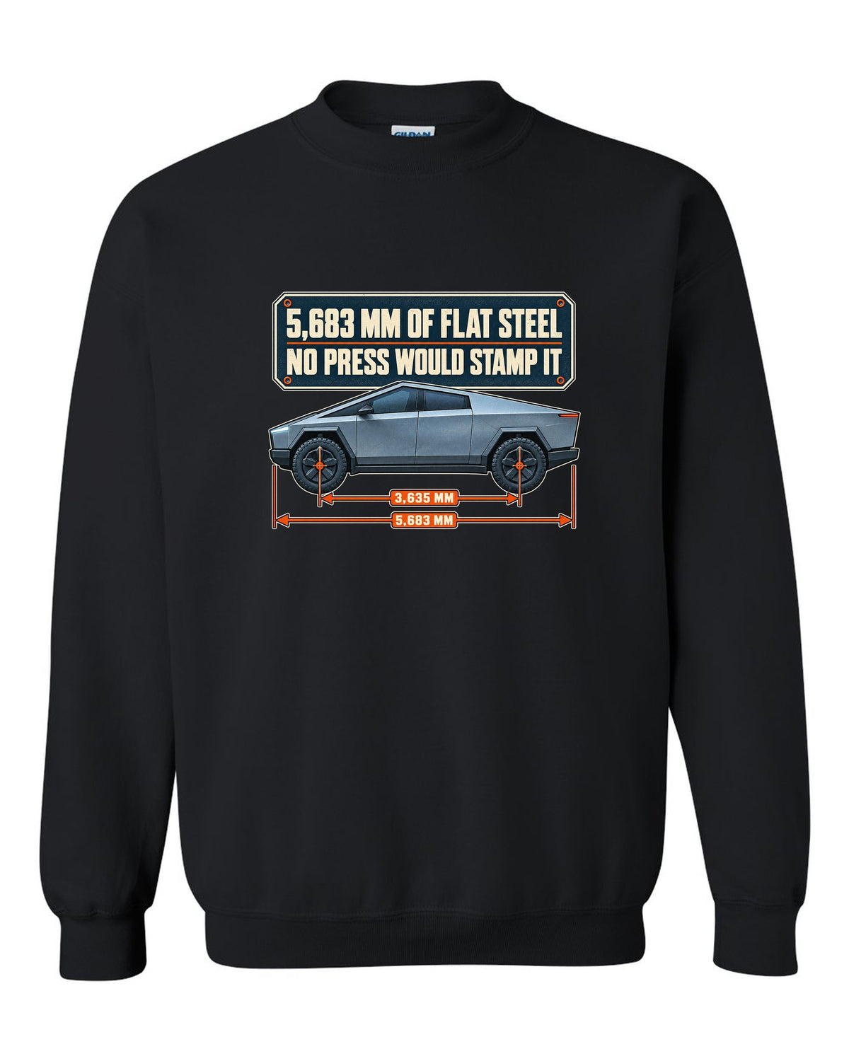Dimension blueprint print of a Tesla Cybertruck with 5,683 mm length black crewneck front view with the design