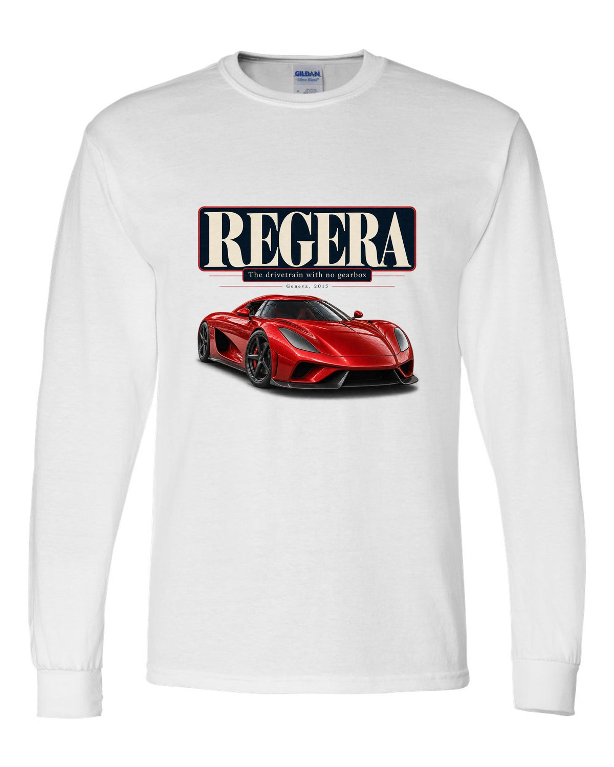 Editorial headline poster of the Koenigsegg Regera about its drivetrain, print white long sleeve front view with the design