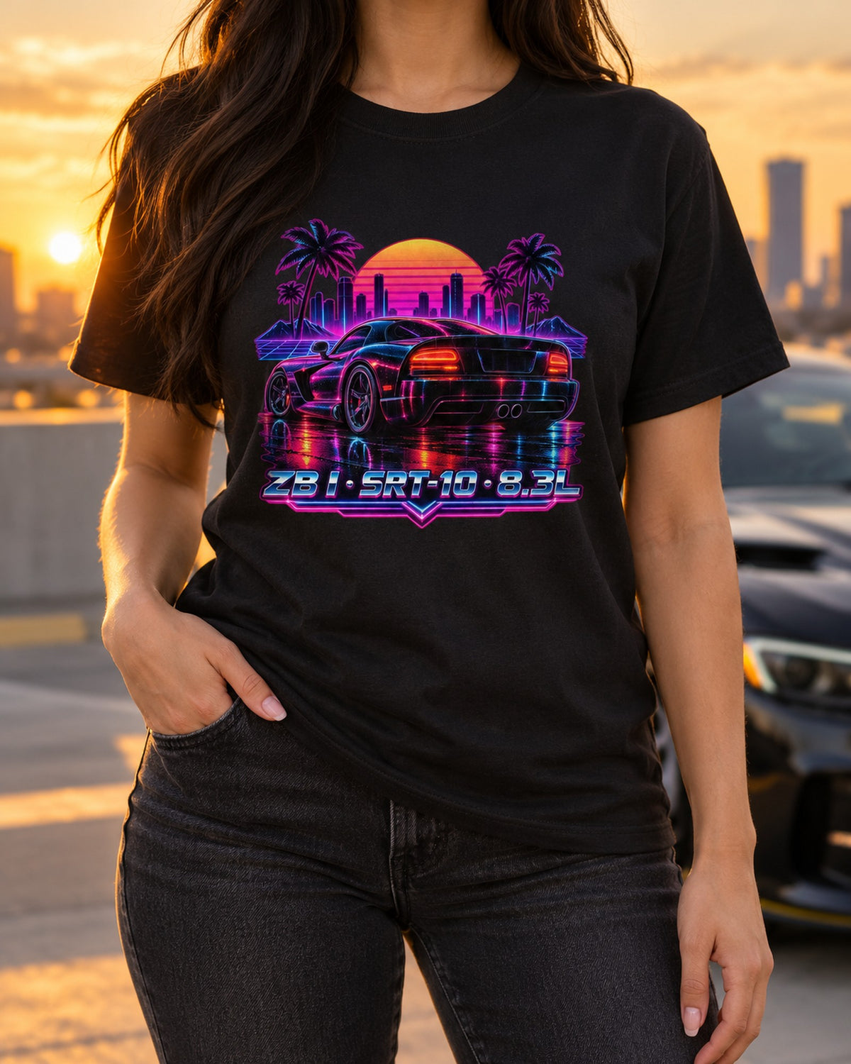 2005 Dodge Viper SRT-10 ZB I Neon Rain Synthwave Shirt T-Shirt Black worn hero