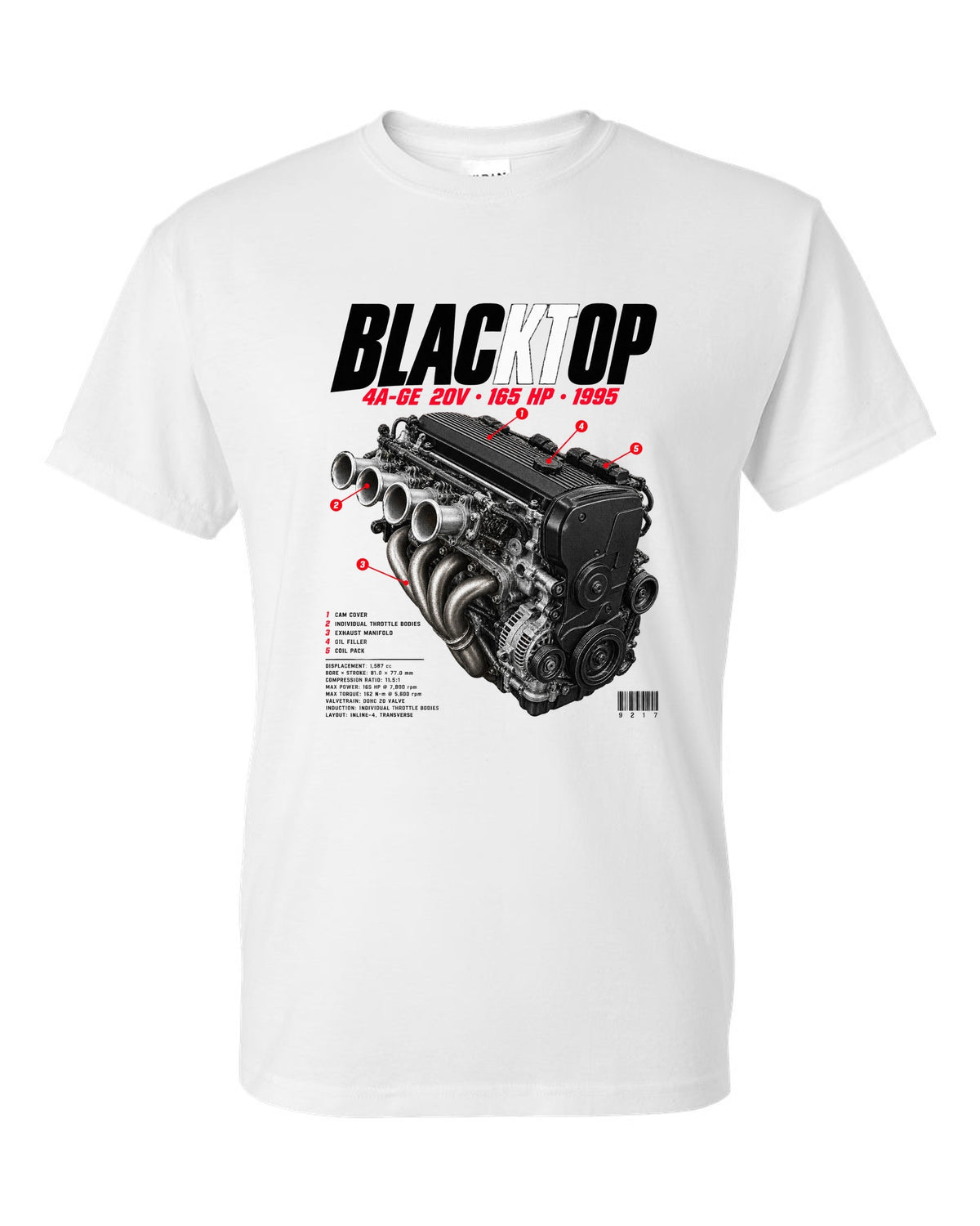 Engine bay hero print of the blacktop 4A-GE 20V in a Toyota Corolla Levin AE111 white t-shirt front view with the design