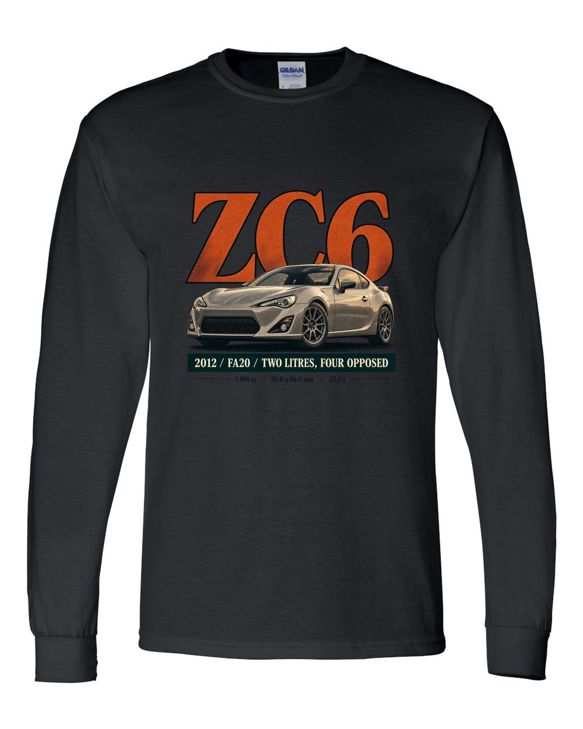 Magazine-style headline layout of a first-generation Subaru BRZ ZC6 print black long sleeve front view with the design