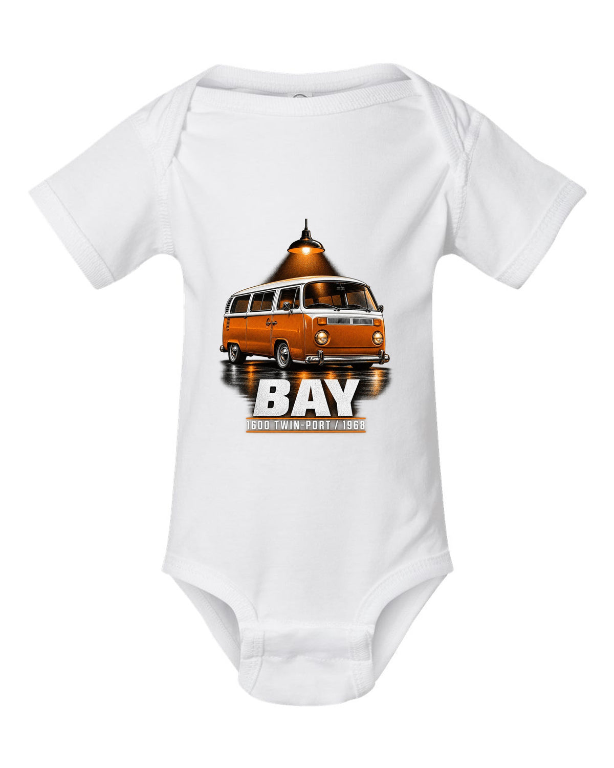 Garage night print of a 1968 VW T2 bay-window Type 2 bus white baby onesie front view with the design