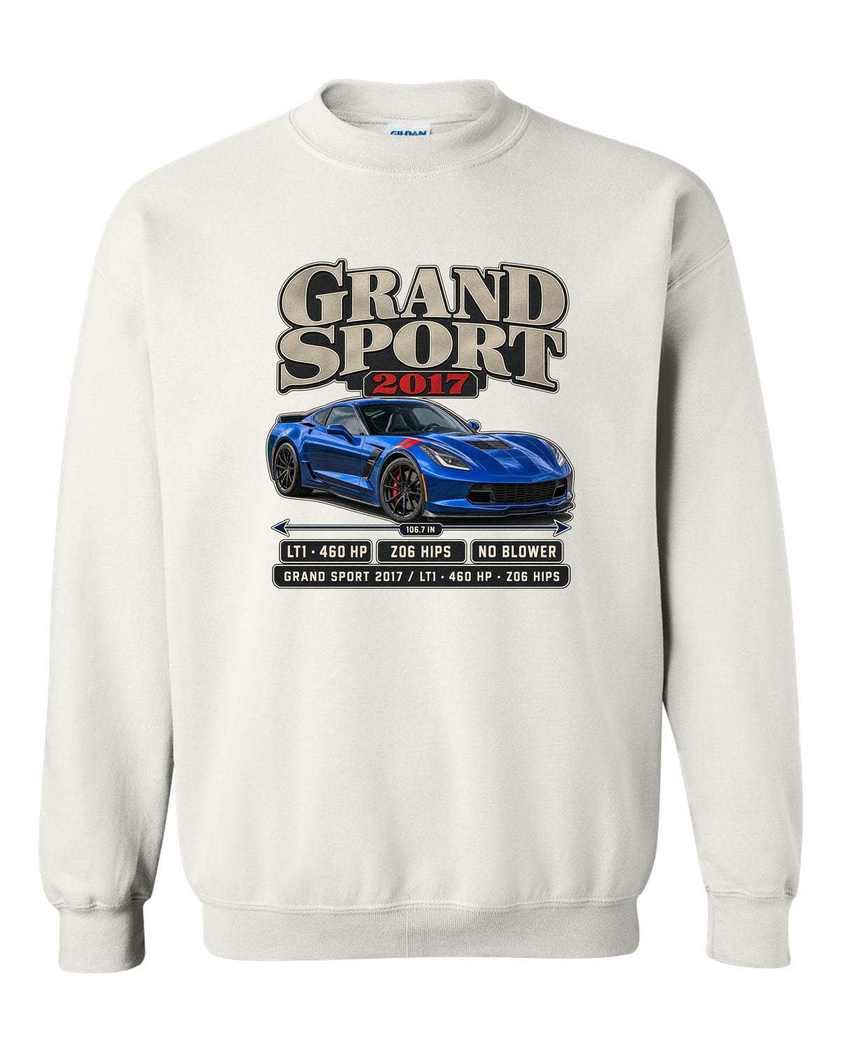 print of a Chevrolet Corvette C7 Grand Sport archive panel with LT1 and 460 HP text white crewneck front view with the design