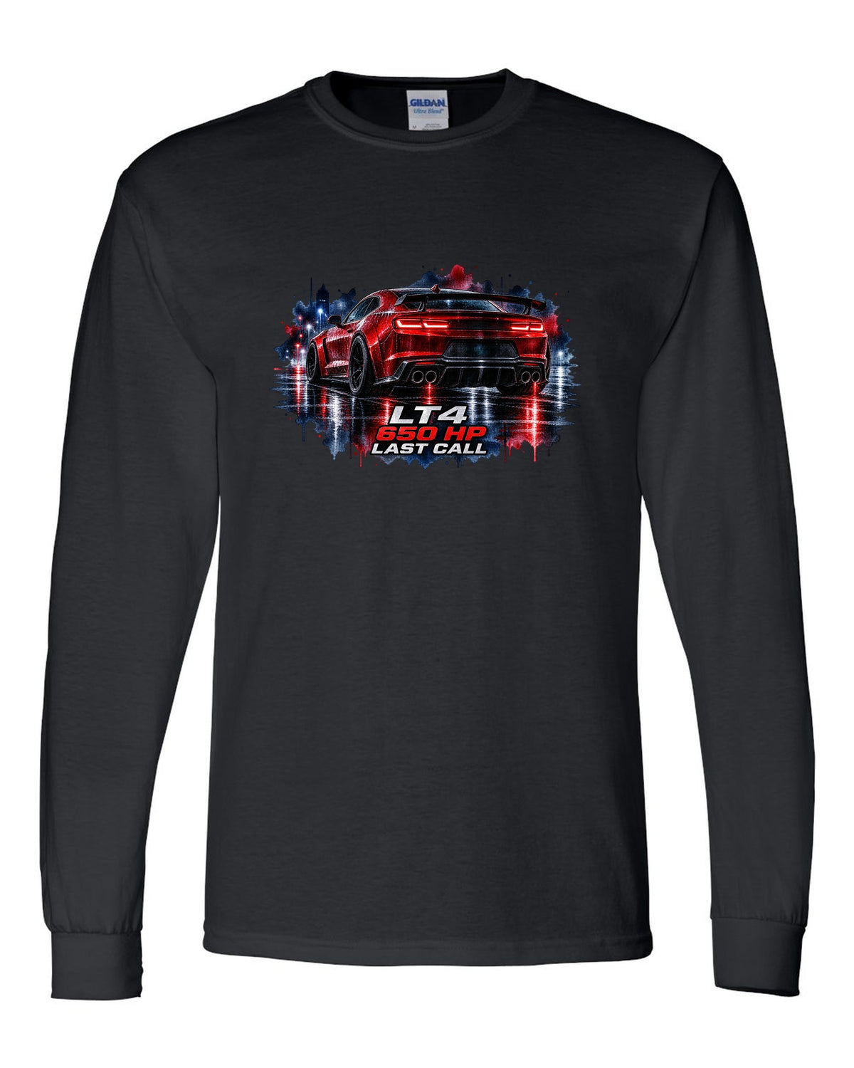 2023 Camaro ZL1 on a wet night road in watercolour style with LT4 650 HP Last Call text black long sleeve front view with the design