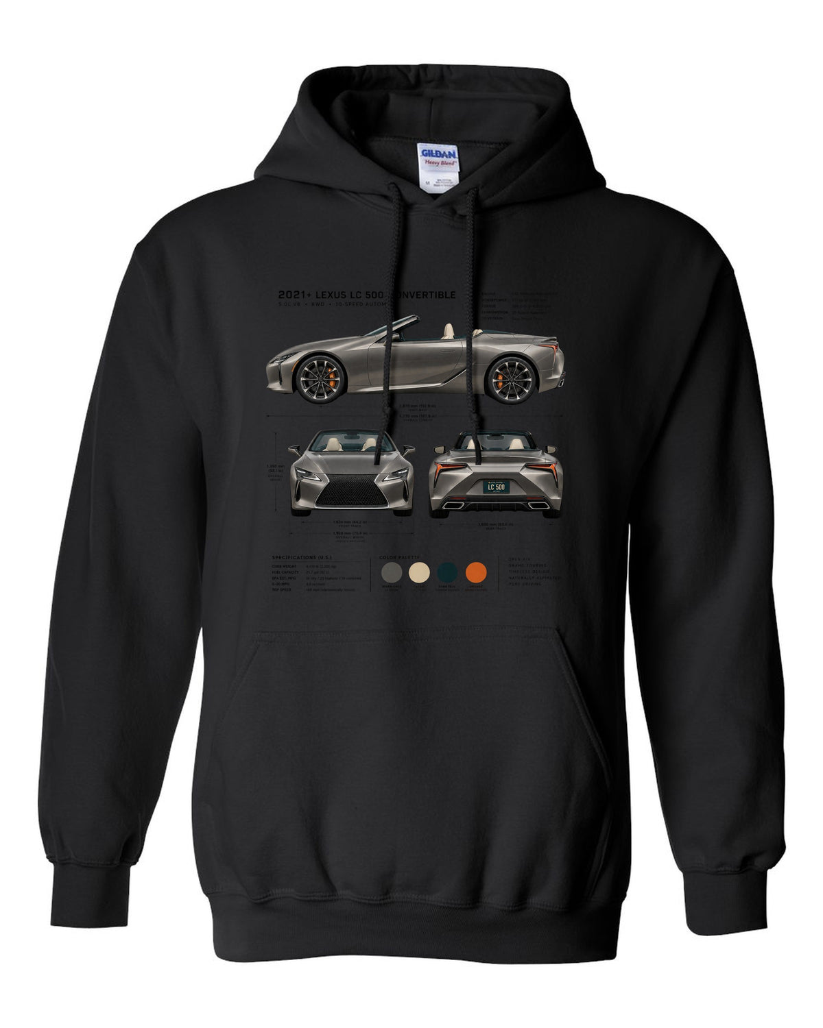 Three-view drawing of the Lexus LC 500 Convertible with spec table black pull over hoodie front view with the design